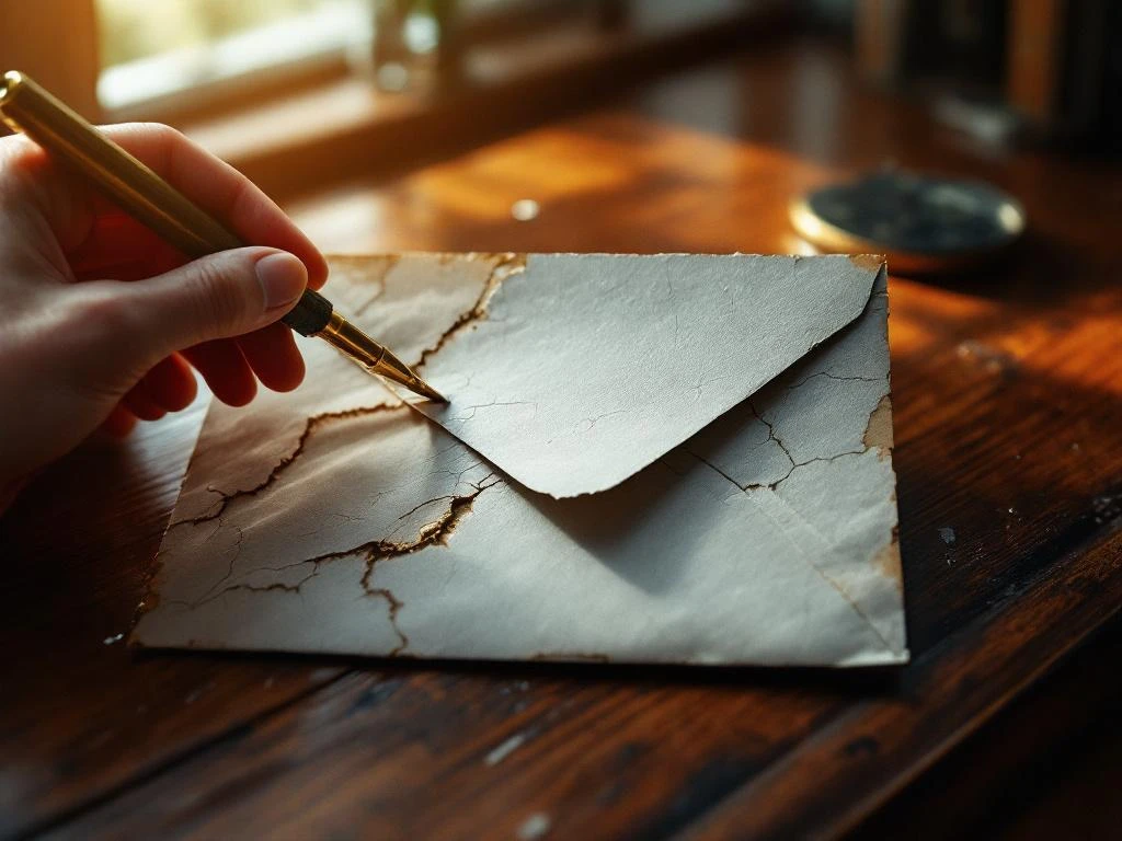 Skilled hands using golden tool to restore weathered email envelope from damaged gray to pristine white on mahogany desk