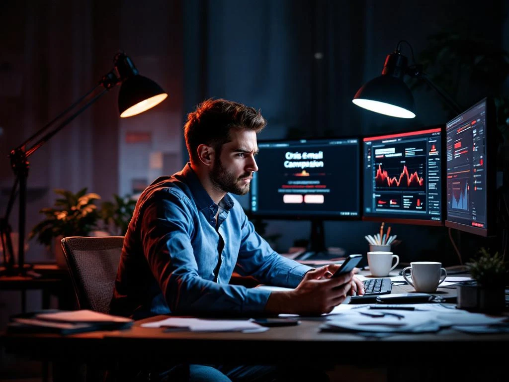 Email marketer at desk with multiple monitors showing urgent campaign dashboards with red alerts during late-night crisis response.