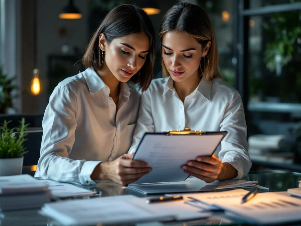 Professional businesswoman reviewing email marketing checklist and analytics reports at modern office desk with laptop