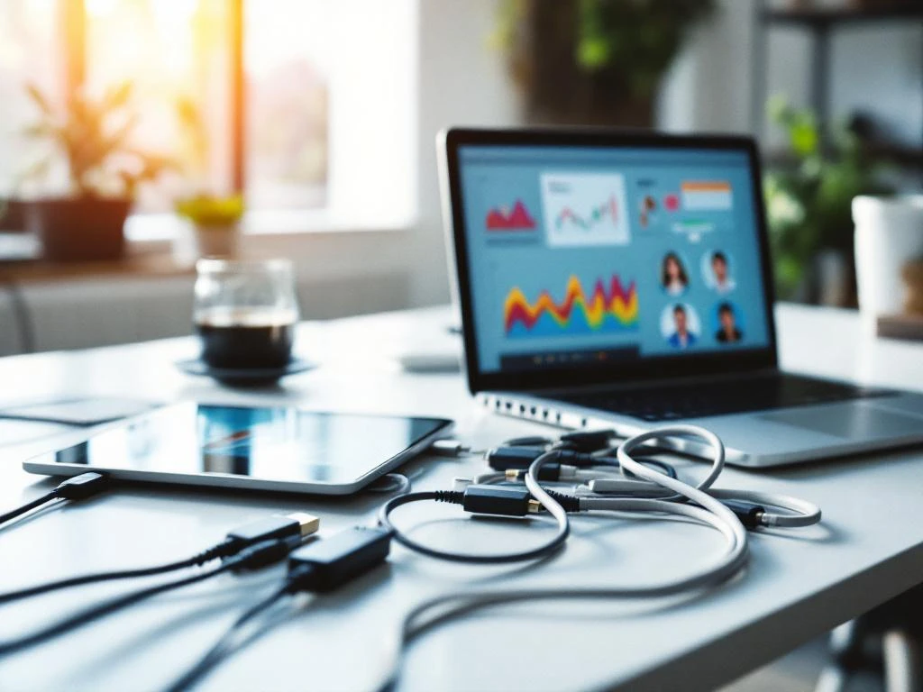 Laptop displaying email analytics connected to tablet with customer profiles via USB cables on white office desk
