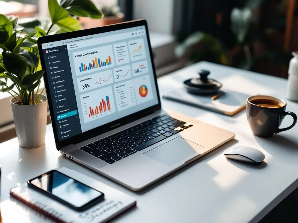 MacBook Pro displaying email campaign analytics on modern desk with marketing tools, smartphone, notepad, and coffee cup