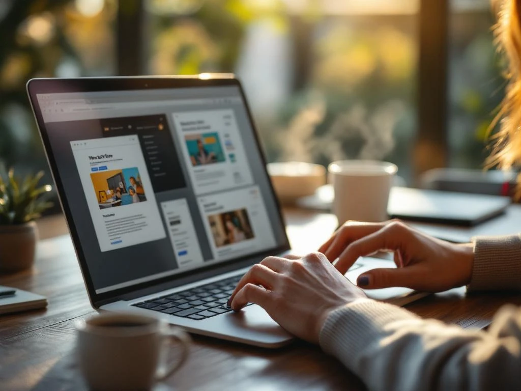 Woman typing on laptop with colorful email newsletter templates on screen, coffee cup nearby in bright office setting.