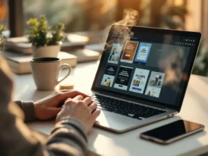 Marketing strategist typing on laptop with colorful email newsletter templates on screen, coffee cup and analytics phone nearby