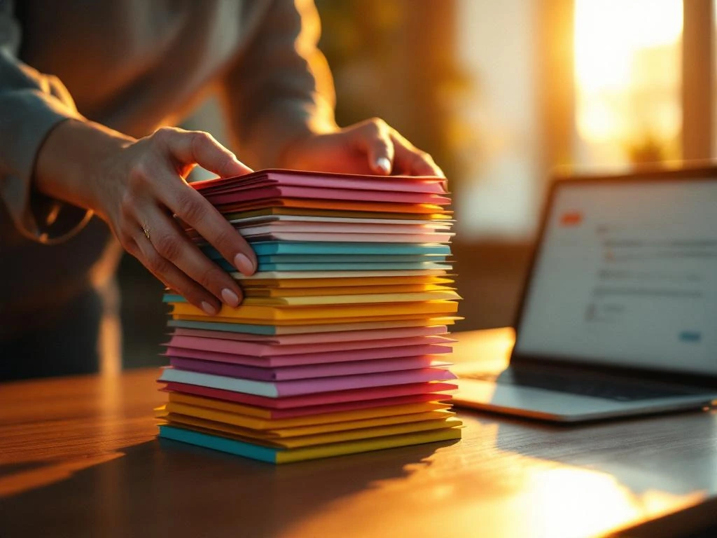 Professional woman's hands arranging colorful paper envelopes in ascending stacks on wooden desk with laptop showing email interface