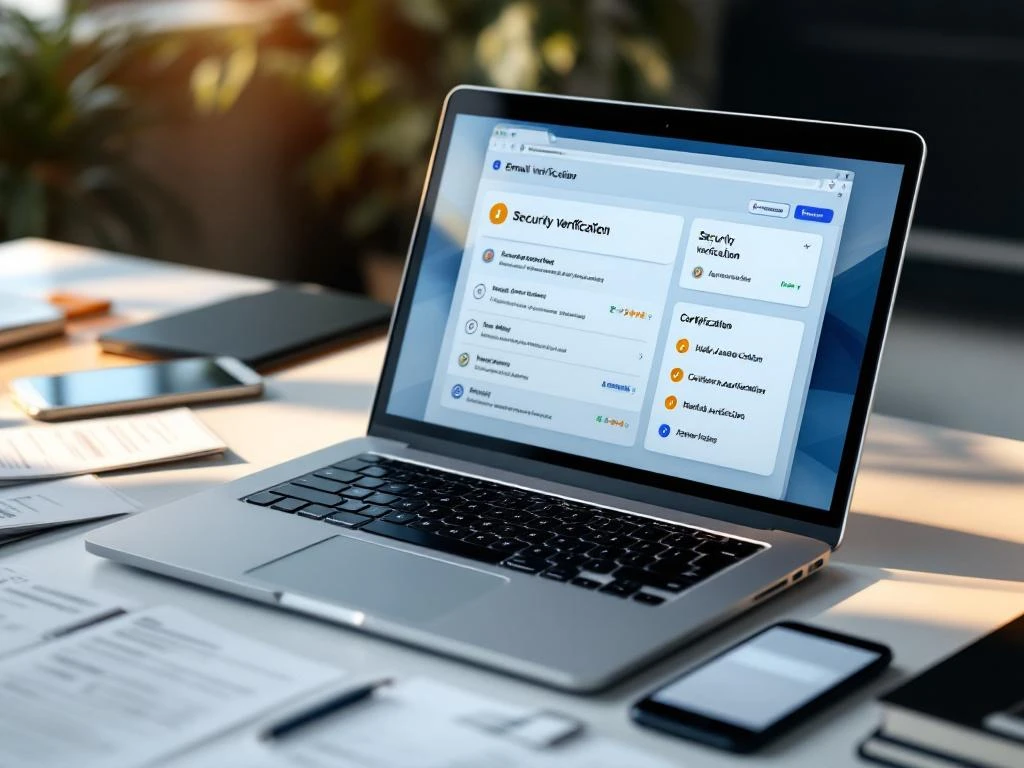 Laptop displaying email dashboard with security checkmarks on white desk with documents and smartphone nearby