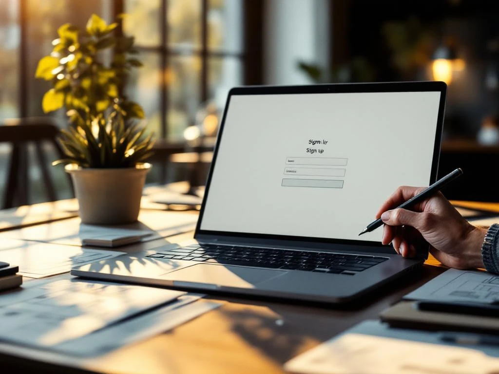 Laptop displaying email signup form on designer's desk with scattered wireframes and sketches, hand with stylus over graphics tablet
