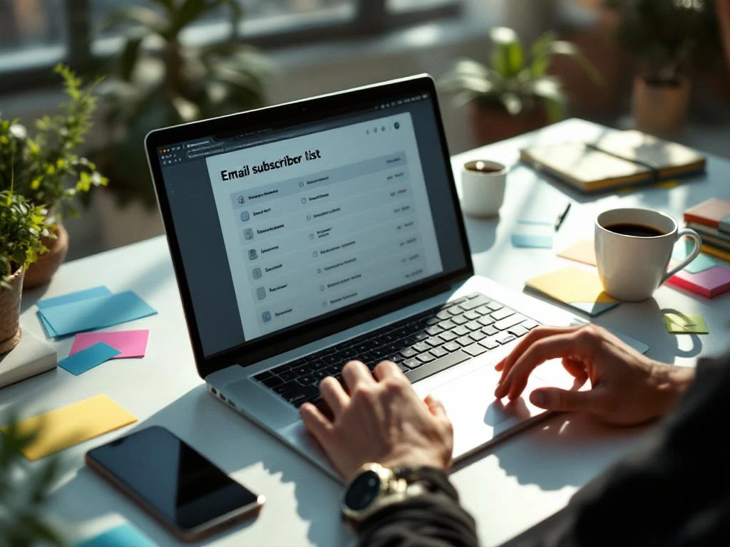 Modern laptop displaying growing email subscriber list on white desk with business cards, sticky notes, and smartphone nearby