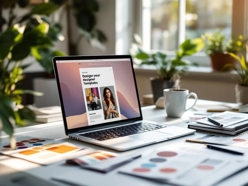 Professional designer's workspace with laptop displaying email template, surrounded by color swatches and design materials on desk