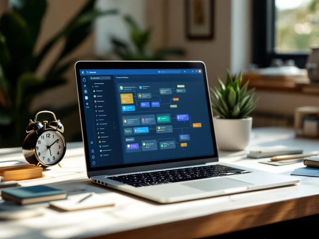 Modern laptop displaying colorful email workflow diagrams on marble desk with alarm clock, succulent plant, and business cards