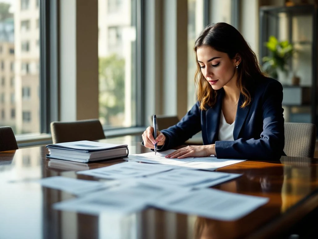 Professional businesswoman reviewing email marketing documents and GDPR compliance manual at conference table