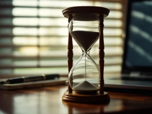 Weathered hourglass with dark sand flowing on mahogany desk next to laptop, soft morning light through blinds