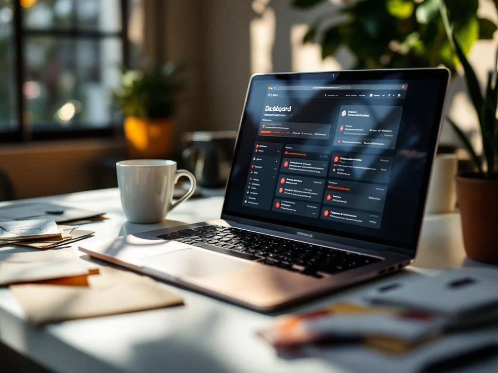 Laptop displaying email dashboard with red warning alerts on white desk surrounded by unopened mail and coffee mug