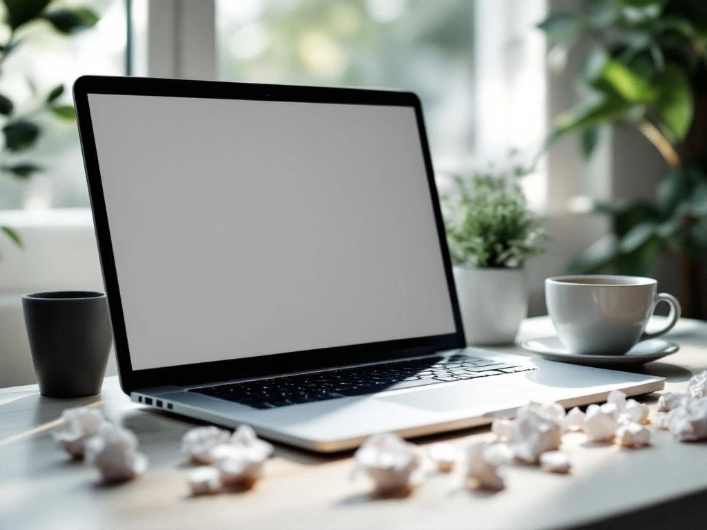 Laptop displaying clean email interface on modern desk with coffee cup, plant, and crumpled papers representing spam emails