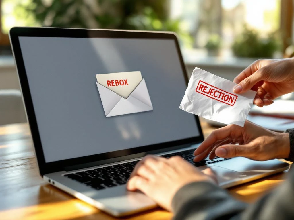 Laptop displaying email inbox on wooden desk with hands removing crumpled rejection letter, warm sunlight streaming through windows