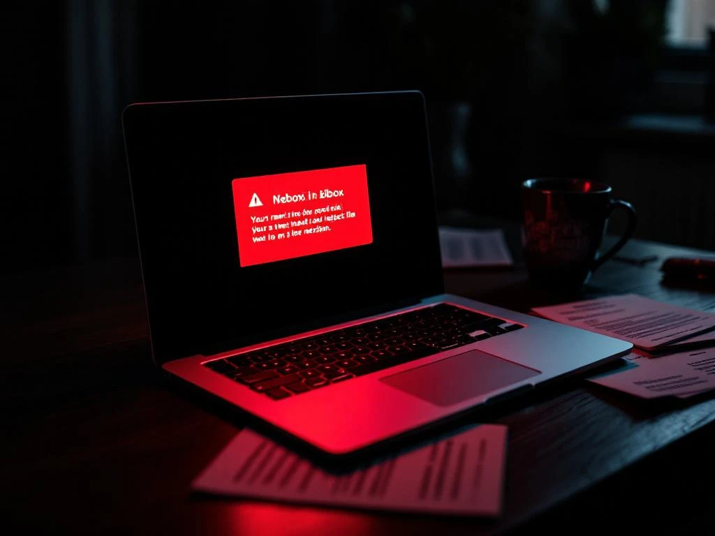 Laptop displaying email inbox with red warning notification on wooden desk surrounded by scattered rejection letters