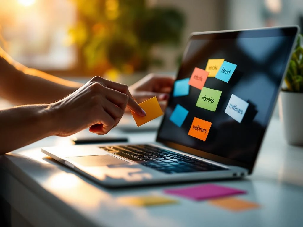 Businesswoman's hands placing colorful paper magnet cutouts representing lead generation strategies around laptop on white desk