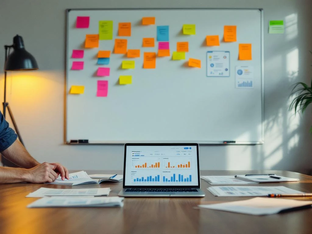 Marketing strategist arranging colorful sticky notes on whiteboard with campaign wireframes and analytics on conference table