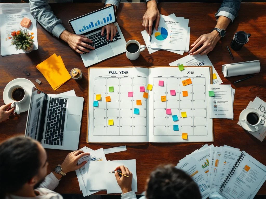 Mahogany conference table with open yearly calendar planner, colorful sticky notes, laptop showing analytics, and marketing materials
