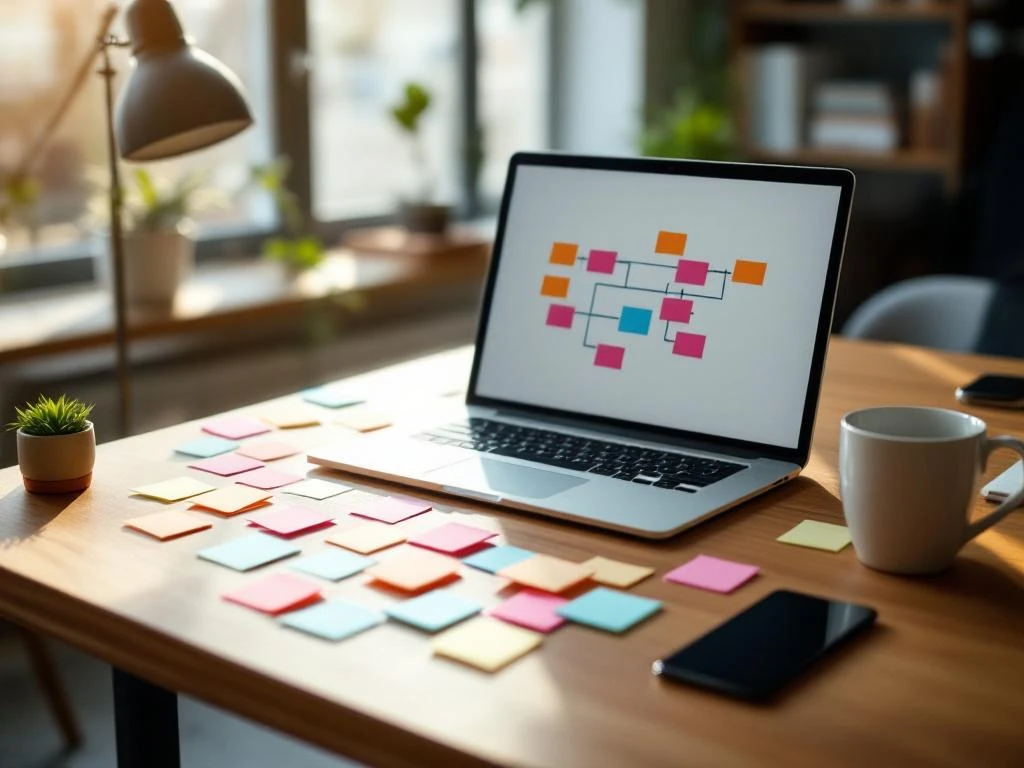 Open laptop displaying flowchart on wooden desk with sticky notes workflow, coffee mug, and smartphone in modern office
