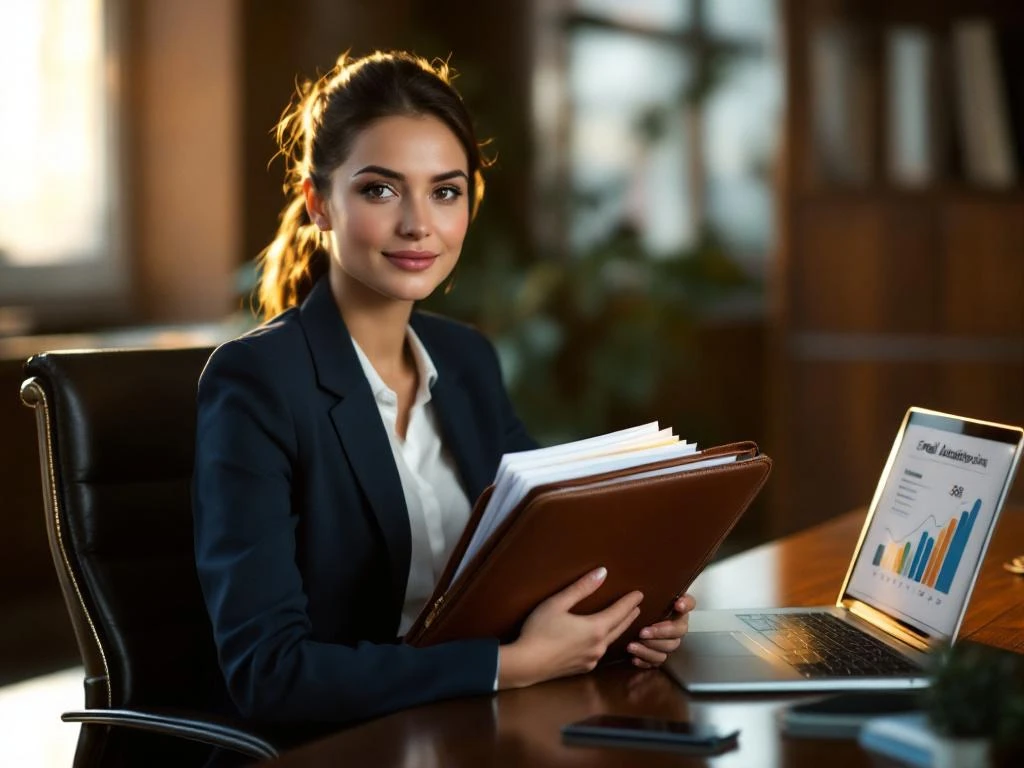 Professional businesswoman in navy blazer holding portfolio at conference table with laptop showing analytics data