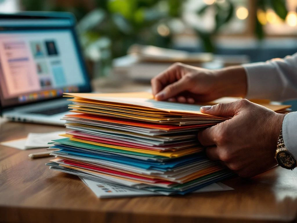 Professional hands organizing colorful file folders with contact sheets on wooden desk, laptop with spreadsheet visible in background