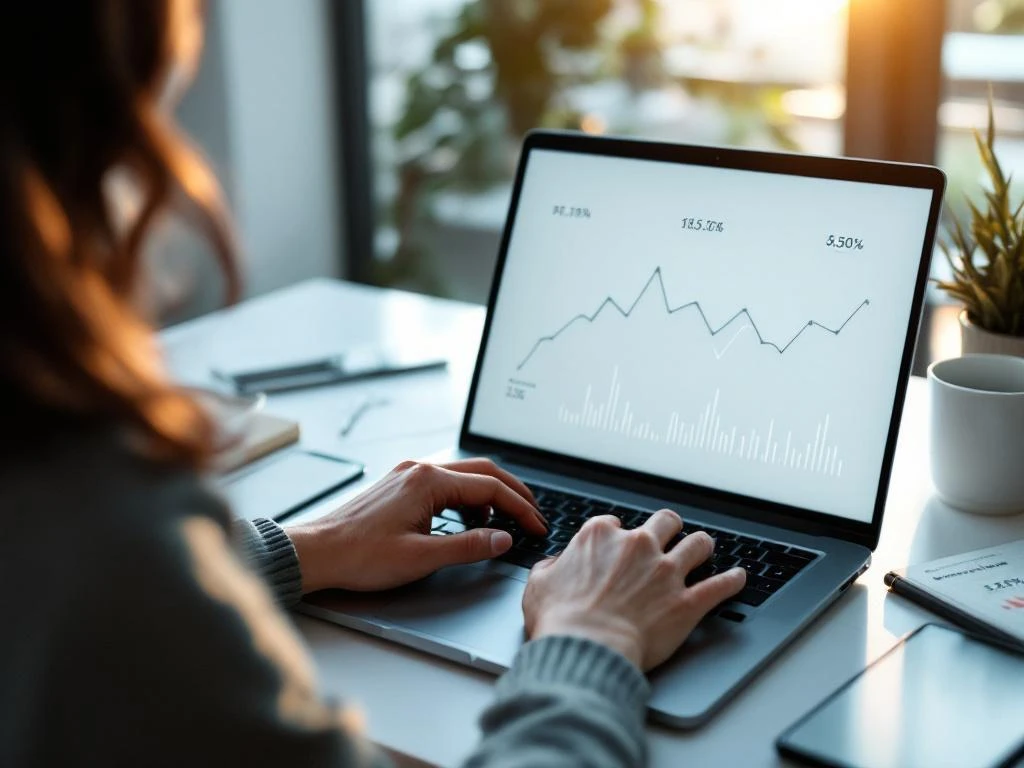 Professional woman typing on laptop with email analytics dashboard, smartphone notifications, and conversion statistics on desk