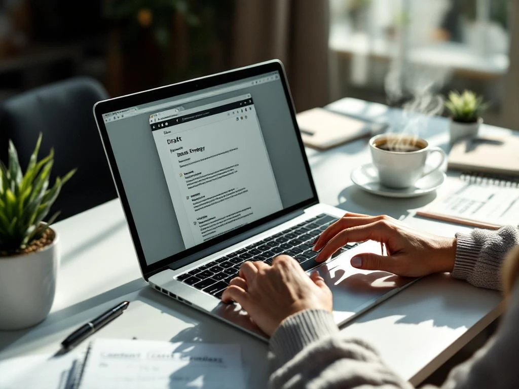 Professional woman typing on laptop with email drafts open, strategy notes and coffee on white desk in natural light.