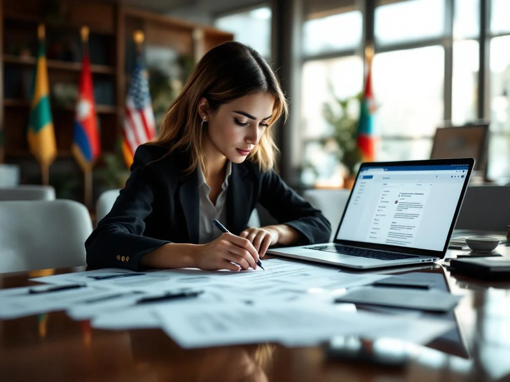 Professional businesswoman reviewing regulatory documents at conference table with laptop and international flags in background.