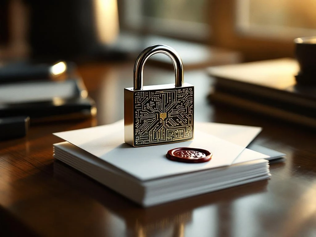 Silver digital padlock with circuit patterns on stack of white envelopes with wax seal on mahogany desk