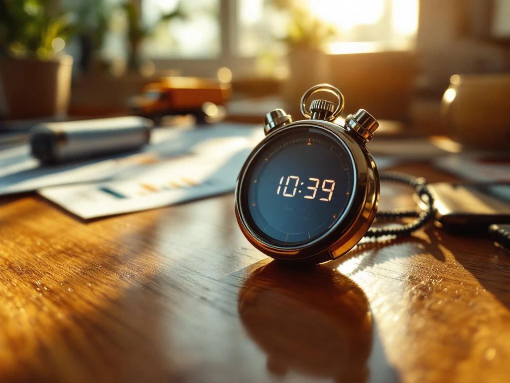 Digital stopwatch on wooden desk with delivery truck toy and performance charts in golden afternoon light