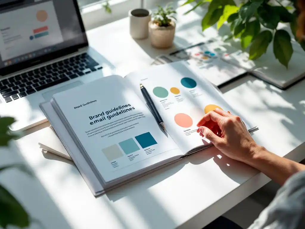 Brand guidelines binder with color swatches open on white desk beside laptop showing email campaign draft with matching brand colors