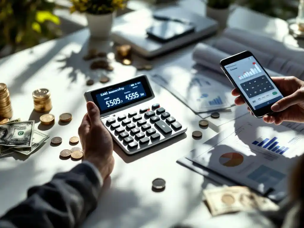 Calculator displaying budget numbers on white desk with dollar bills, coins, smartphone showing marketing dashboard, and financial reports
