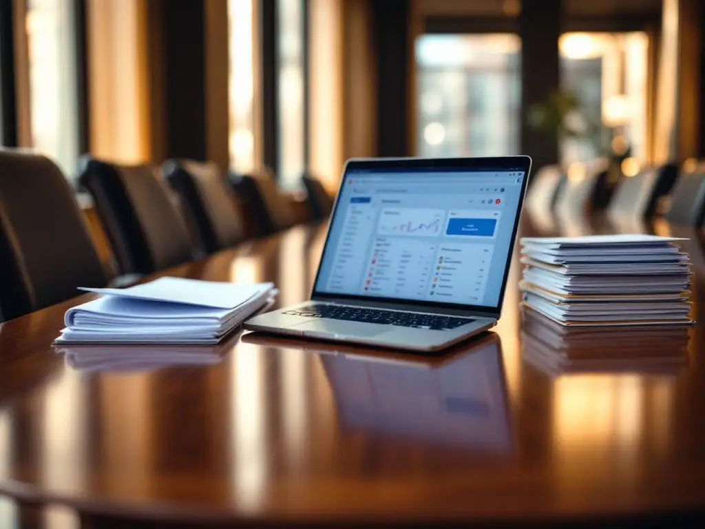 Laptop displaying email dashboard on mahogany conference table with business documents for startup, medium, and large companies