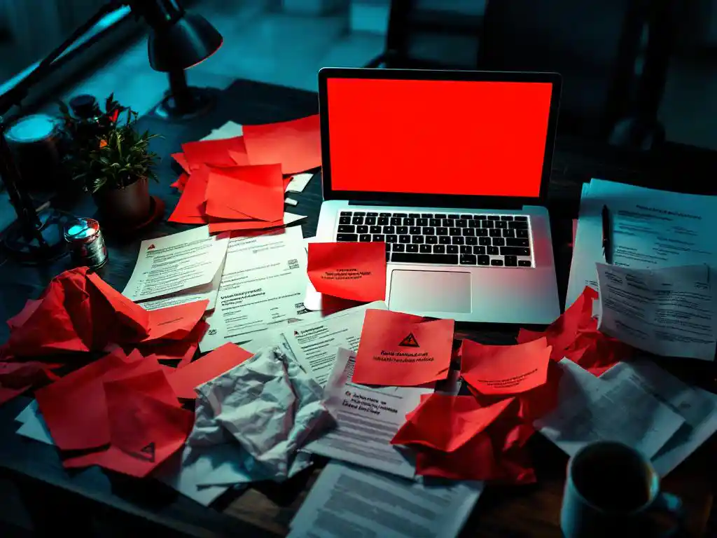 Business professional's cluttered desk with red warning documents, laptop showing poor email campaign results, and scattered contracts in dramatic lighting.