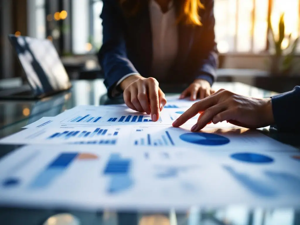 Businesswoman analyzing performance charts and data reports at modern office conference table with laptop