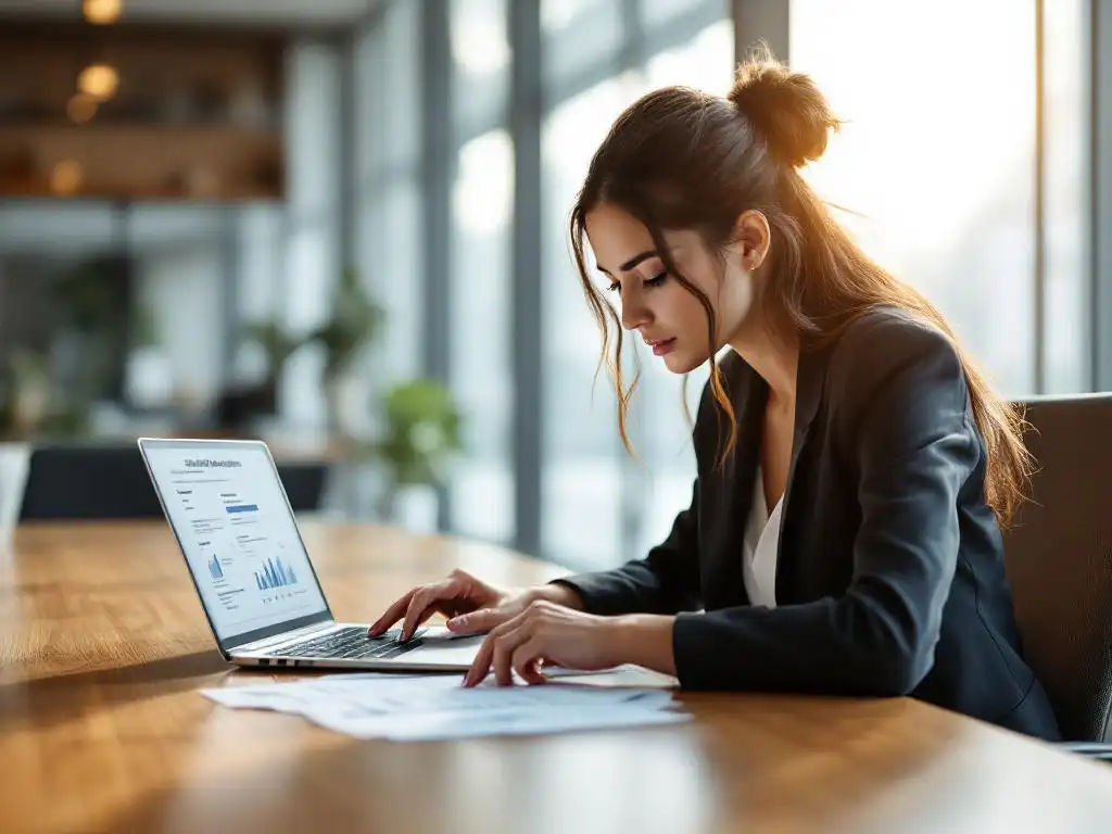 Professional businesswoman reviewing questionnaire at conference table with laptop showing email marketing analytics in modern office.