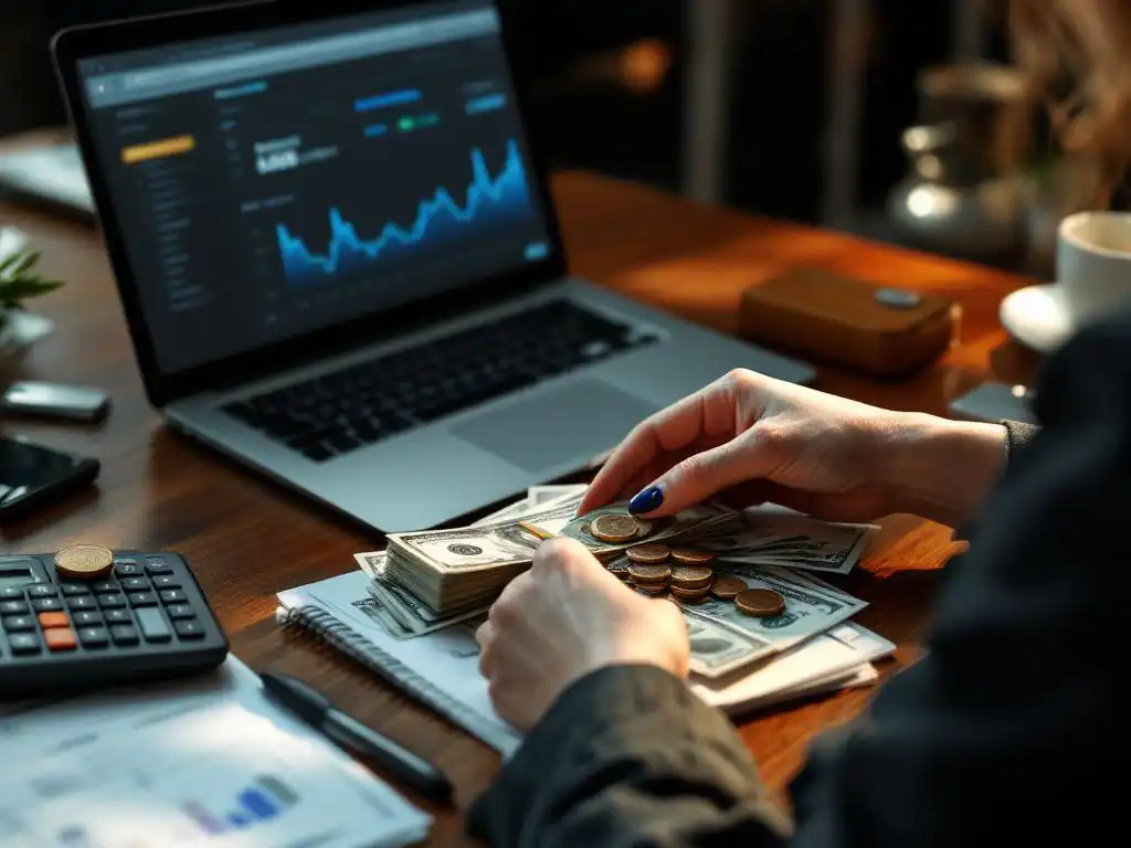 Businesswoman's hands arranging dollar bills and coins on desk while reviewing email analytics on laptop computer