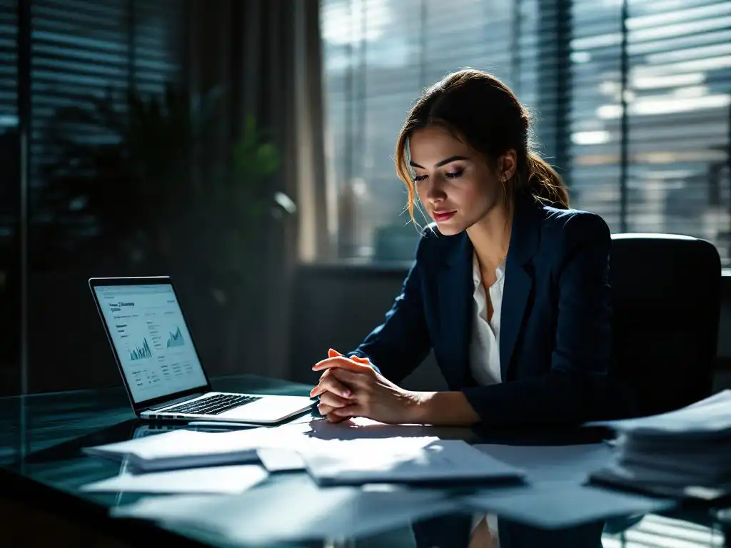 Professional businesswoman in navy suit reviewing crisis management documents at glass desk with laptop displaying analytics
