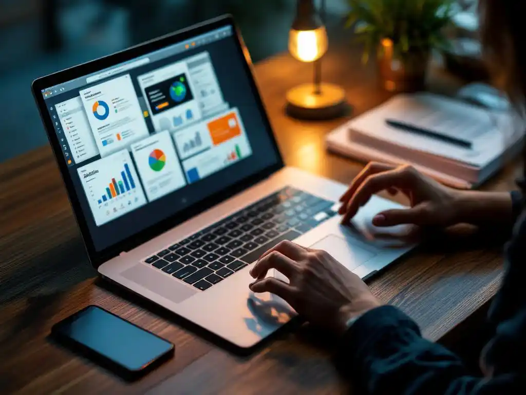 Businesswoman typing on laptop with email newsletter templates and analytics on screen, marketing documents and smartphone nearby
