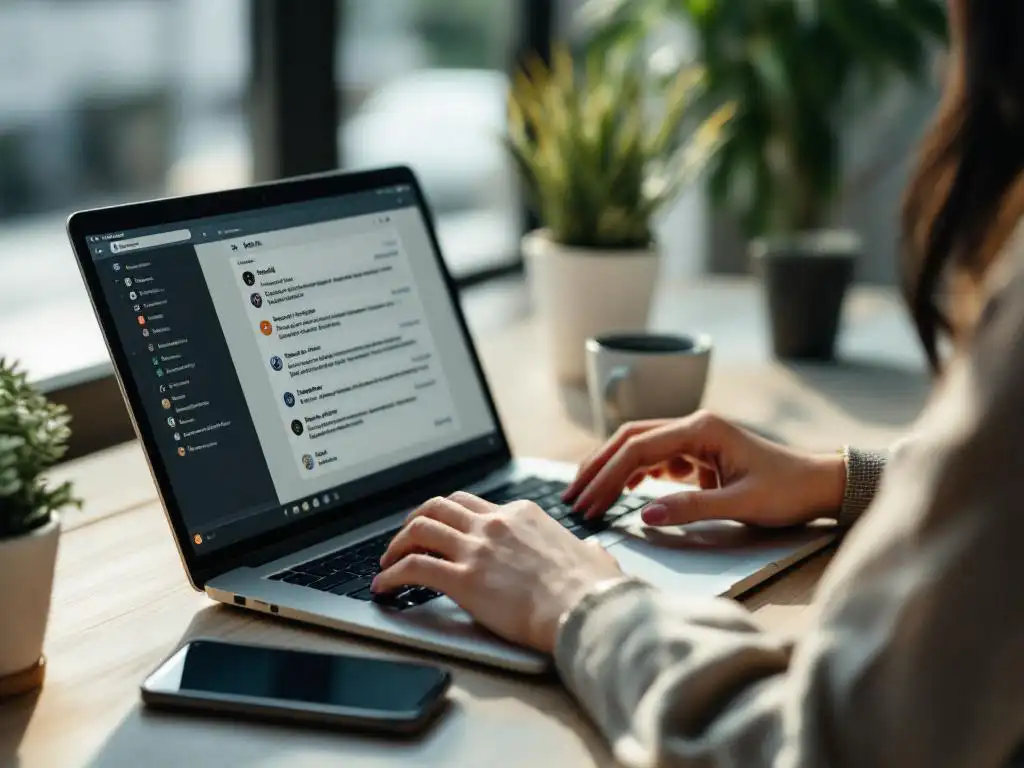 Professional businesswoman typing email on laptop at modern desk with smartphone, coffee cup, and succulent plant