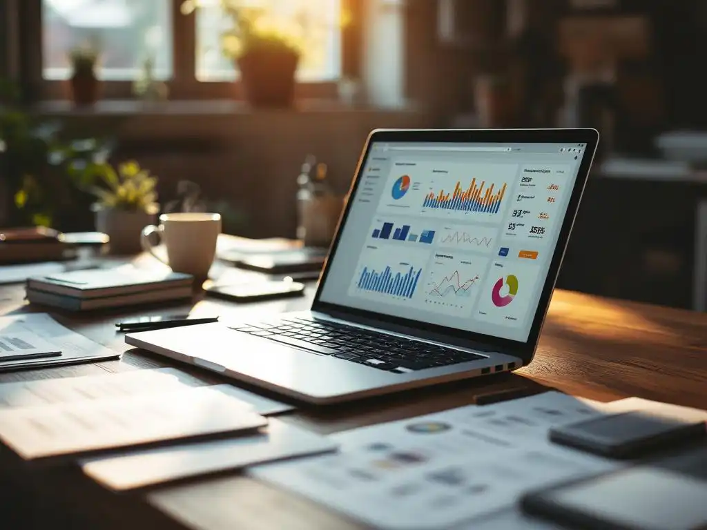 Laptop displaying email analytics dashboard on wooden desk with e-commerce catalogs, wireframes, and coffee mug in office setting.