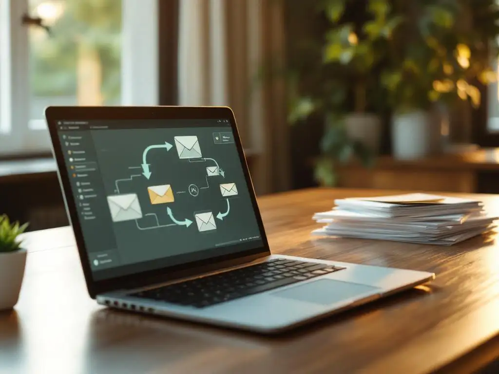 Laptop displaying email interface with automated workflow arrows connecting to stack of envelope letters on wooden desk