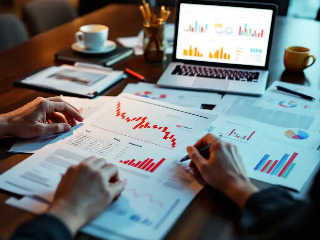 Marketing professional analyzing declining email campaign reports with red downward trending graphs on conference table.