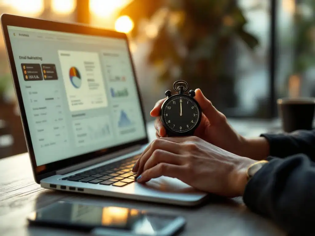 Businesswoman holding stopwatch while typing on laptop with email marketing dashboard, coffee and phone on modern office desk