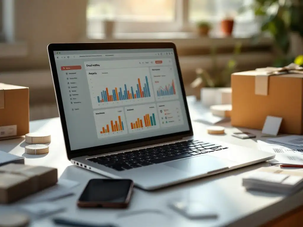Email marketing dashboard on laptop screen with colorful analytics graphs, surrounded by e-commerce shipping boxes on desk