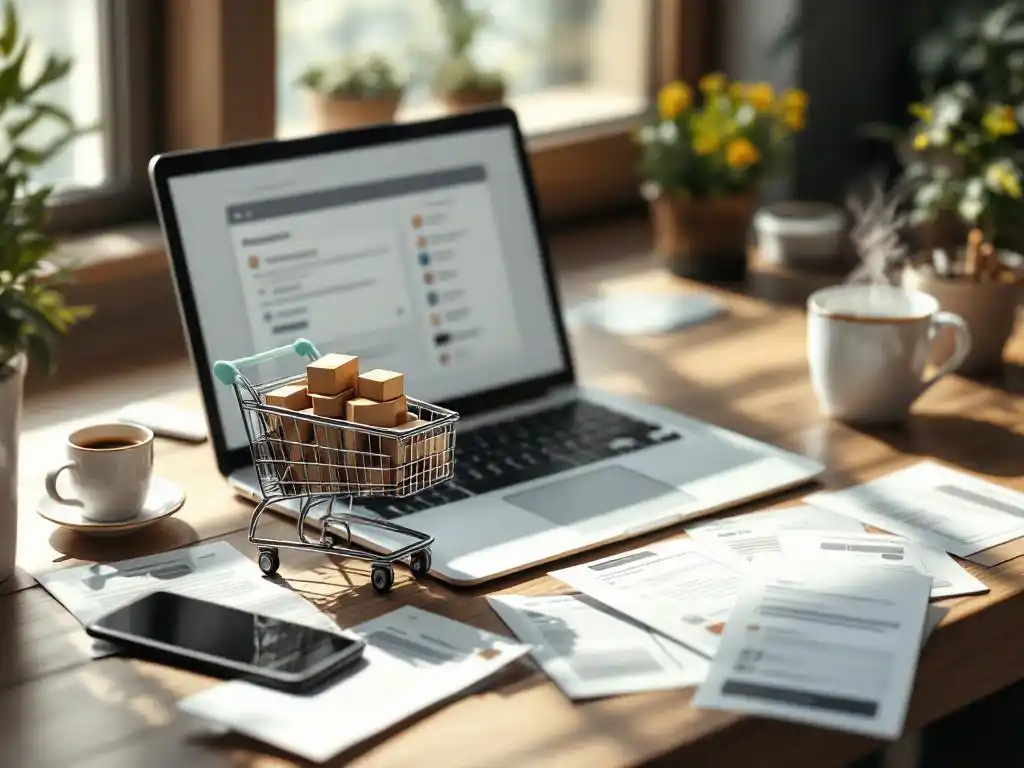 Open laptop displaying email composition interface on white desk with miniature shopping cart, printed templates, coffee cup nearby