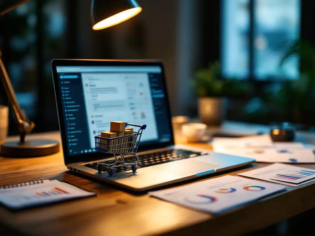 Laptop displaying email composition interface on wooden desk with miniature shopping cart, email templates, and analytics charts