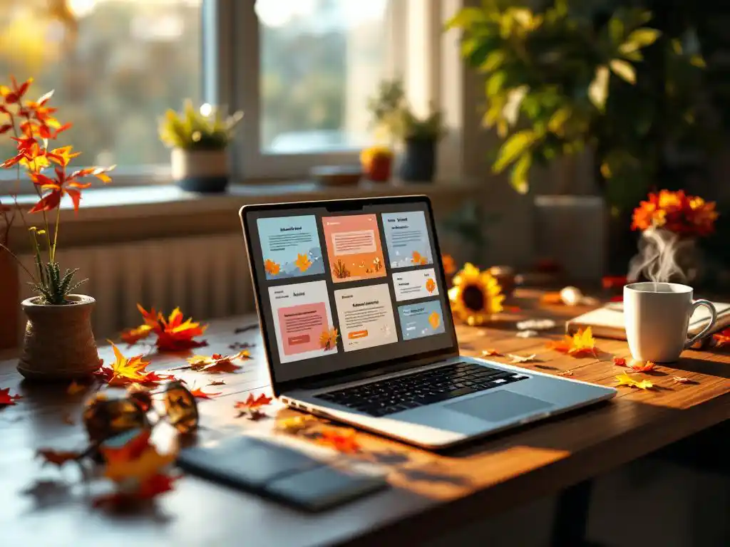 Laptop displaying colorful email templates on modern desk with seasonal decorations, coffee mug, and marketing calendar