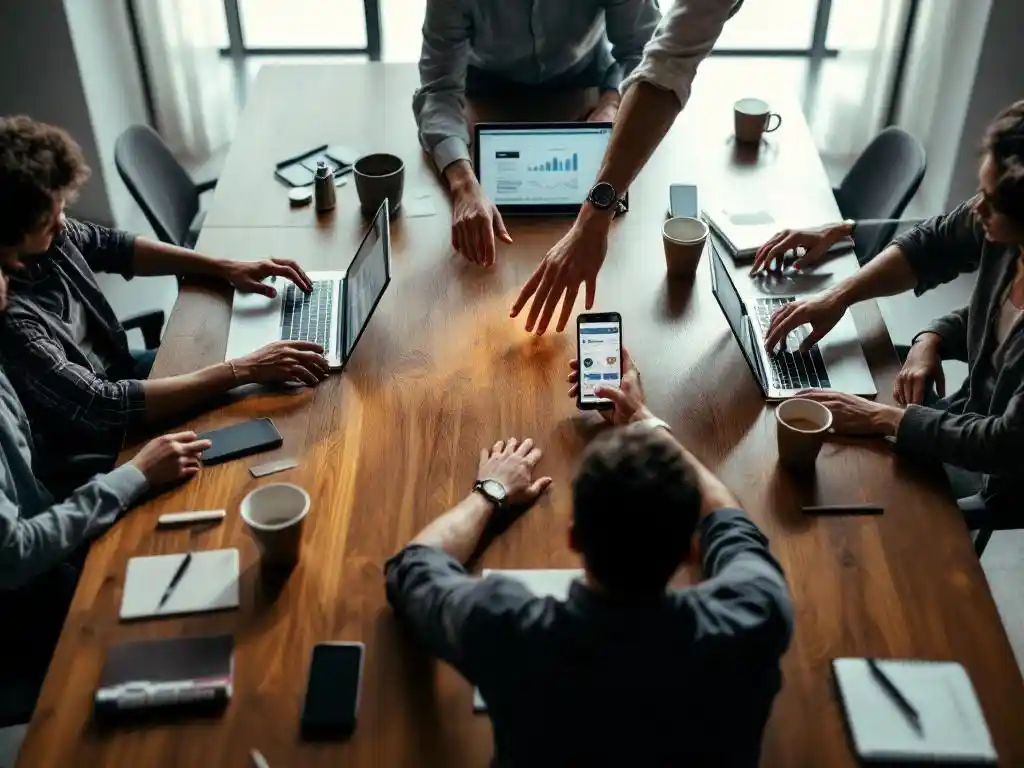 Marketing professionals collaborating around wooden conference table with laptops displaying email campaign analytics and data