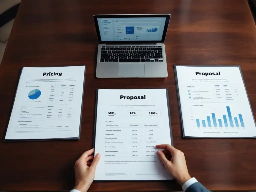 Professional hands reaching for pricing proposal folders with charts on mahogany conference table beside laptop dashboard